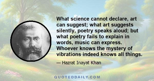 What science cannot declare, art can suggest; what art suggests silently, poetry speaks aloud; but what poetry fails to explain in words, music can express. Whoever knows the mystery of vibrations indeed knows all