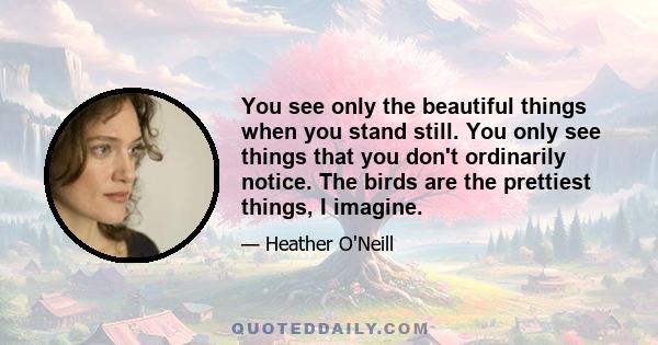 You see only the beautiful things when you stand still. You only see things that you don't ordinarily notice. The birds are the prettiest things, I imagine.