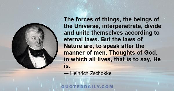 The forces of things, the beings of the Universe, interpenetrate, divide and unite themselves according to eternal laws. But the laws of Nature are, to speak after the manner of men, Thoughts of God, in which all lives, 