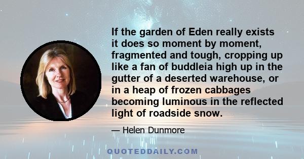 If the garden of Eden really exists it does so moment by moment, fragmented and tough, cropping up like a fan of buddleia high up in the gutter of a deserted warehouse, or in a heap of frozen cabbages becoming luminous