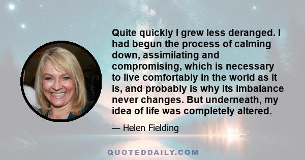 Quite quickly I grew less deranged. I had begun the process of calming down, assimilating and compromising, which is necessary to live comfortably in the world as it is, and probably is why its imbalance never changes.