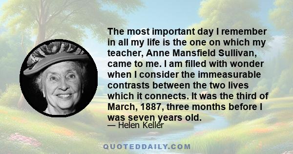 THE most important day I remember in all my life is the one on which my teacher, Anne Mansfield Sullivan, came to me