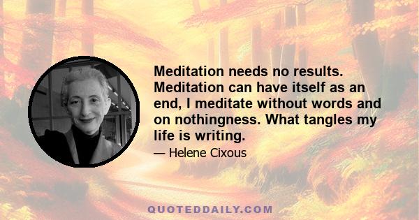 Meditation needs no results. Meditation can have itself as an end, I meditate without words and on nothingness. What tangles my life is writing.