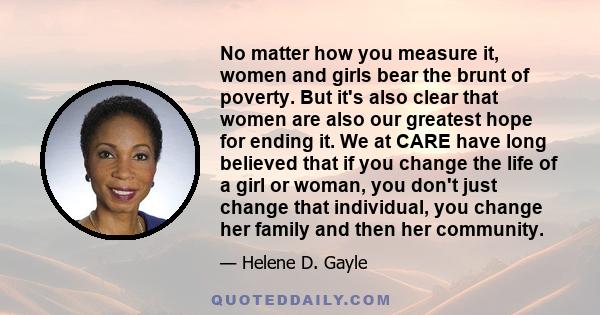 No matter how you measure it, women and girls bear the brunt of poverty. But it's also clear that women are also our greatest hope for ending it. We at CARE have long believed that if you change the life of a girl or