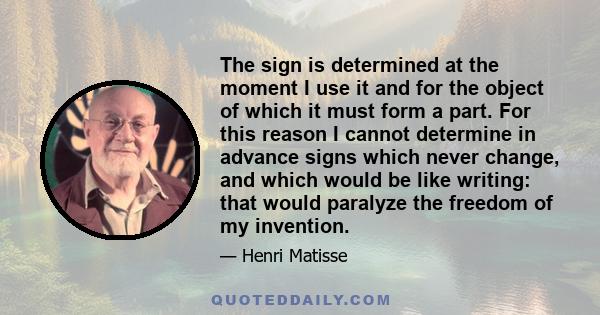 The sign is determined at the moment I use it and for the object of which it must form a part. For this reason I cannot determine in advance signs which never change, and which would be like writing: that would paralyze 