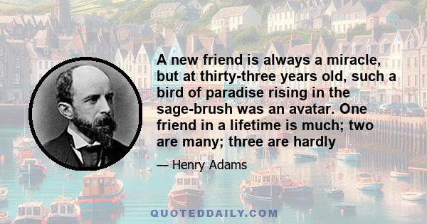 A new friend is always a miracle, but at thirty-three years old, such a bird of paradise rising in the sage-brush was an avatar. One friend in a lifetime is much; two are many; three are hardly