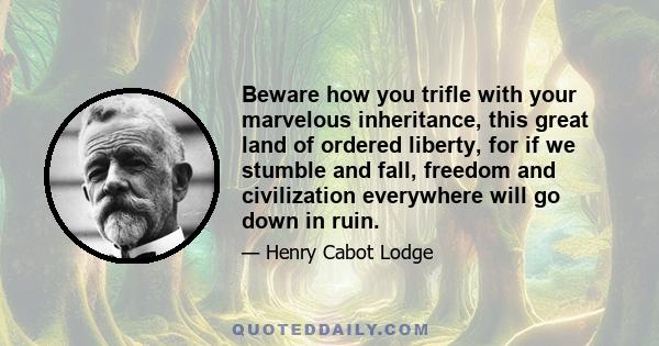 Beware how you trifle with your marvelous inheritance, this great land of ordered liberty, for if we stumble and fall, freedom and civilization everywhere will go down in ruin.