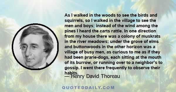 As I walked in the woods to see the birds and squirrels, so I walked in the village to see the men and boys; instead of the wind among the pines I heard the carts rattle. In one direction from my house there was a