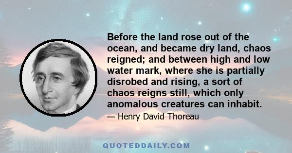 Before the land rose out of the ocean, and became dry land, chaos reigned; and between high and low water mark, where she is partially disrobed and rising, a sort of chaos reigns still, which only anomalous creatures