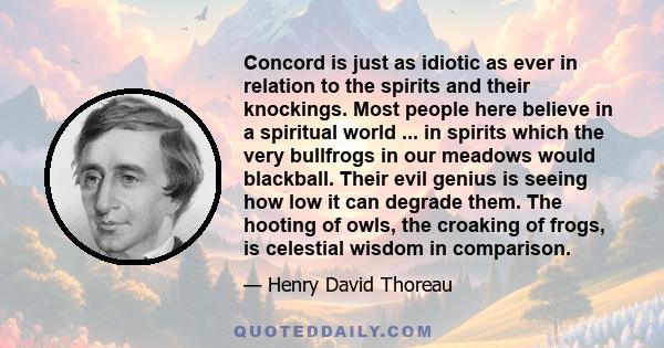 Concord is just as idiotic as ever in relation to the spirits and their knockings. Most people here believe in a spiritual world ... in spirits which the very bullfrogs in our meadows would blackball. Their evil genius