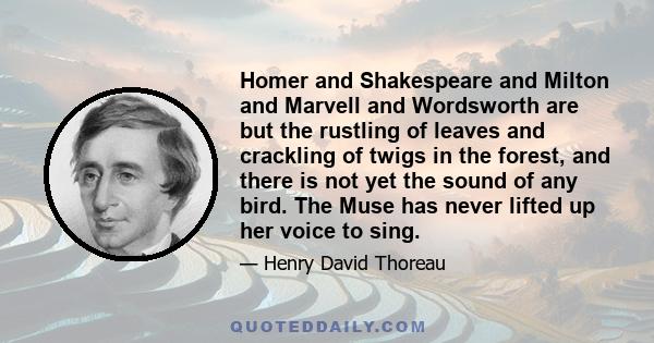 Homer and Shakespeare and Milton and Marvell and Wordsworth are but the rustling of leaves and crackling of twigs in the forest, and there is not yet the sound of any bird. The Muse has never lifted up her voice to sing.