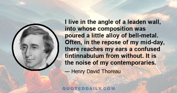 I live in the angle of a leaden wall, into whose composition was poured a little alloy of bell-metal. Often, in the repose of my mid-day, there reaches my ears a confused tintinnabulum from without. It is the noise of