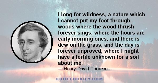 I long for wildness, a nature which I cannot put my foot through, woods where the wood thrush forever sings, where the hours are early morning ones, and there is dew on the grass, and the day is forever unproved, where