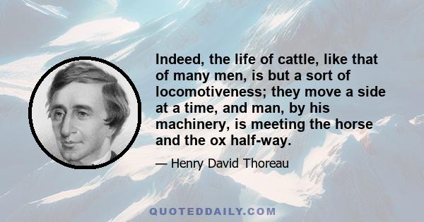 Indeed, the life of cattle, like that of many men, is but a sort of locomotiveness; they move a side at a time, and man, by his machinery, is meeting the horse and the ox half-way.