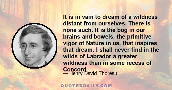 It is in vain to dream of a wildness distant from ourselves. There is none such. It is the bog in our brains and bowels, the primitive vigor of Nature in us, that inspires that dream. I shall never find in the wilds of