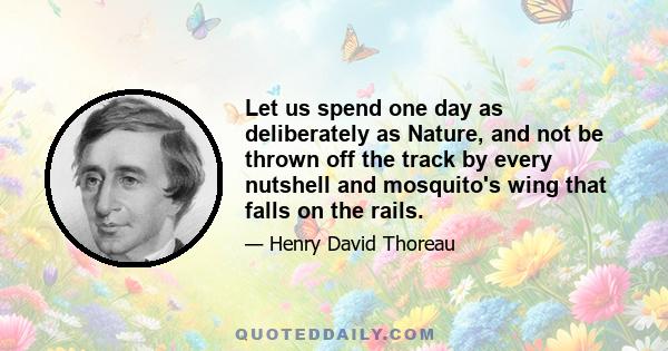 Let us spend one day as deliberately as Nature, and not be thrown off the track by every nutshell and mosquito's wing that falls on the rails.