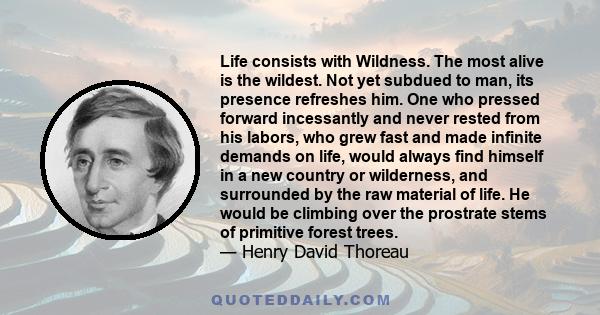 Life consists with Wildness. The most alive is the wildest. Not yet subdued to man, its presence refreshes him. One who pressed forward incessantly and never rested from his labors, who grew fast and made infinite