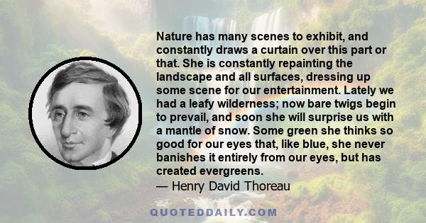 Nature has many scenes to exhibit, and constantly draws a curtain over this part or that. She is constantly repainting the landscape and all surfaces, dressing up some scene for our entertainment. Lately we had a leafy