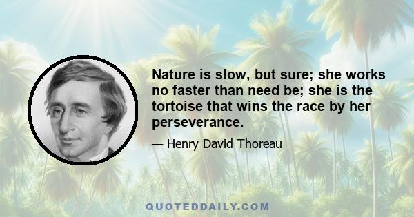 Nature is slow, but sure; she works no faster than need be; she is the tortoise that wins the race by her perseverance.