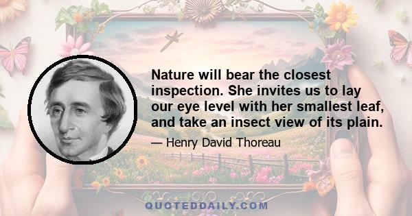 Nature will bear the closest inspection. She invites us to lay our eye level with her smallest leaf, and take an insect view of its plain.