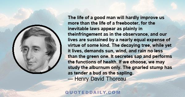 The life of a good man will hardly improve us more than the life of a freebooter, for the inevitable laws appear as plainly in theinfringement as in the observance, and our lives are sustained by a nearly equal expense