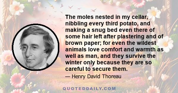 The moles nested in my cellar, nibbling every third potato, and making a snug bed even there of some hair left after plastering and of brown paper; for even the wildest animals love comfort and warmth as well as man,