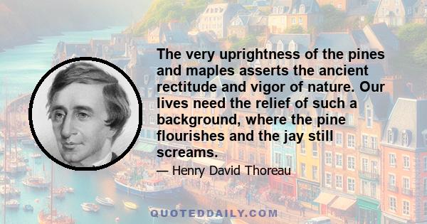 The very uprightness of the pines and maples asserts the ancient rectitude and vigor of nature. Our lives need the relief of such a background, where the pine flourishes and the jay still screams.