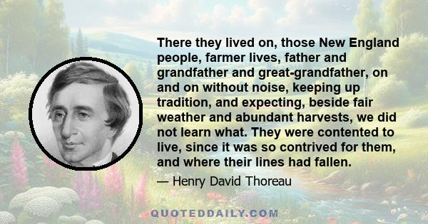 There they lived on, those New England people, farmer lives, father and grandfather and great-grandfather, on and on without noise, keeping up tradition, and expecting, beside fair weather and abundant harvests, we did