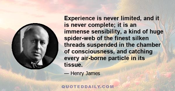 Experience is never limited, and it is never complete; it is an immense sensibility, a kind of huge spider-web of the finest silken threads suspended in the chamber of consciousness, and catching every air-borne