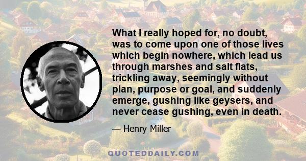 What I really hoped for, no doubt, was to come upon one of those lives which begin nowhere, which lead us through marshes and salt flats, trickling away, seemingly without plan, purpose or goal, and suddenly emerge,