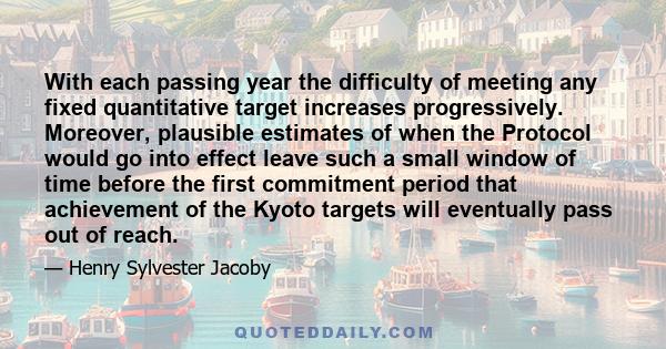 With each passing year the difficulty of meeting any fixed quantitative target increases progressively. Moreover, plausible estimates of when the Protocol would go into effect leave such a small window of time before