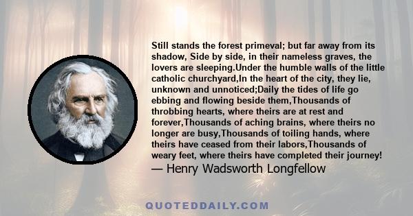 Still stands the forest primeval; but far away from its shadow, Side by side, in their nameless graves, the lovers are sleeping.Under the humble walls of the little catholic churchyard,In the heart of the city, they