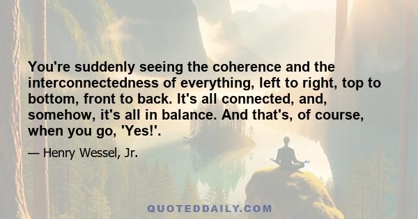 You're suddenly seeing the coherence and the interconnectedness of everything, left to right, top to bottom, front to back. It's all connected, and, somehow, it's all in balance. And that's, of course, when you go,