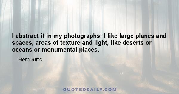 I abstract it in my photographs: I like large planes and spaces, areas of texture and light, like deserts or oceans or monumental places.