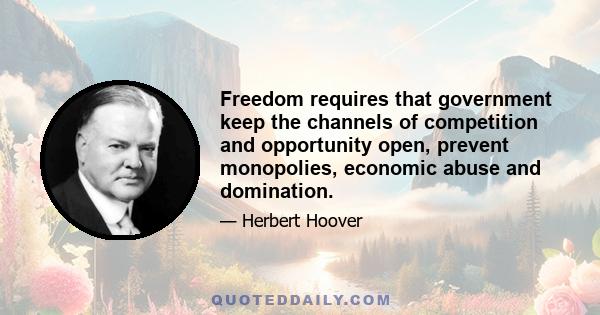 Freedom requires that government keep the channels of competition and opportunity open, prevent monopolies, economic abuse and domination.