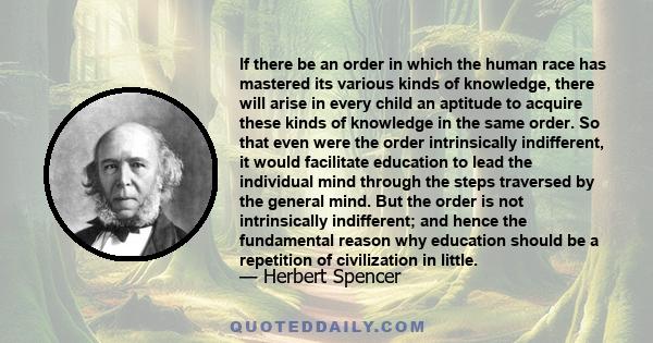 If there be an order in which the human race has mastered its various kinds of knowledge, there will arise in every child an aptitude to acquire these kinds of knowledge in the same order. So that even were the order