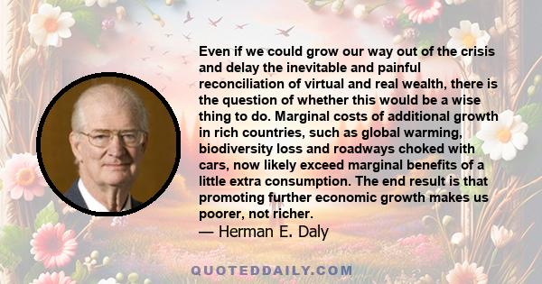 Even if we could grow our way out of the crisis and delay the inevitable and painful reconciliation of virtual and real wealth, there is the question of whether this would be a wise thing to do. Marginal costs of