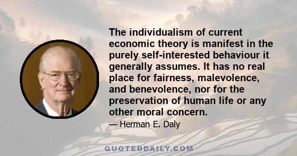 The individualism of current economic theory is manifest in the purely self-interested behaviour it generally assumes. It has no real place for fairness, malevolence, and benevolence, nor for the preservation of human