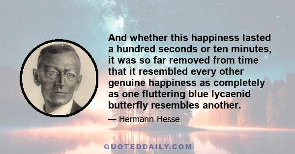 And whether this happiness lasted a hundred seconds or ten minutes, it was so far removed from time that it resembled every other genuine happiness as completely as one fluttering blue lycaenid butterfly resembles