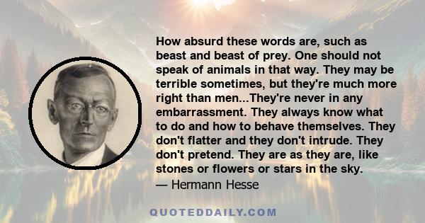 How absurd these words are, such as beast and beast of prey. One should not speak of animals in that way. They may be terrible sometimes, but they're much more right than men...They're never in any embarrassment. They