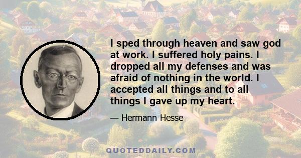 I sped through heaven and saw god at work. I suffered holy pains. I dropped all my defenses and was afraid of nothing in the world. I accepted all things and to all things I gave up my heart.