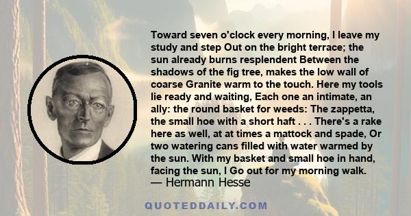 Toward seven o'clock every morning, I leave my study and step Out on the bright terrace; the sun already burns resplendent Between the shadows of the fig tree, makes the low wall of coarse Granite warm to the touch.