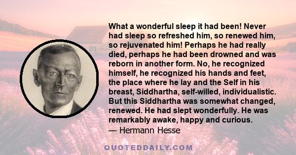 What a wonderful sleep it had been! Never had sleep so refreshed him, so renewed him, so rejuvenated him! Perhaps he had really died, perhaps he had been drowned and was reborn in another form. No, he recognized