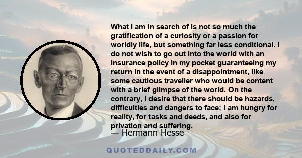 What I am in search of is not so much the gratification of a curiosity or a passion for worldly life, but something far less conditional. I do not wish to go out into the world with an insurance policy in my pocket