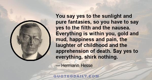 You say yes to the sunlight and pure fantasies, so you have to say yes to the filth and the nausea. Everything is within you, gold and mud, happiness and pain, the laughter of childhood and the apprehension of death.