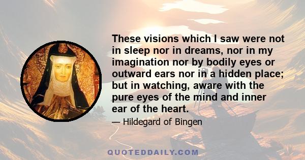 These visions which I saw were not in sleep nor in dreams, nor in my imagination nor by bodily eyes or outward ears nor in a hidden place; but in watching, aware with the pure eyes of the mind and inner ear of the heart.