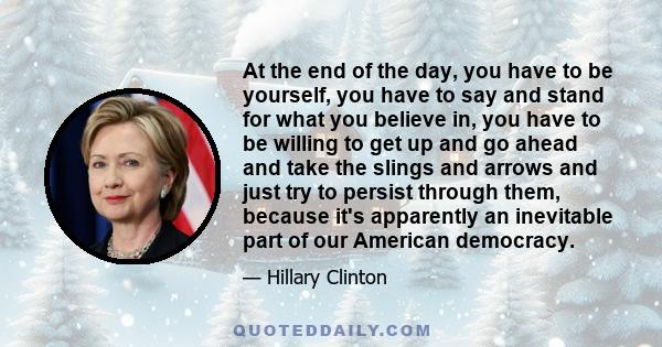 At the end of the day, you have to be yourself, you have to say and stand for what you believe in, you have to be willing to get up and go ahead and take the slings and arrows and just try to persist through them,