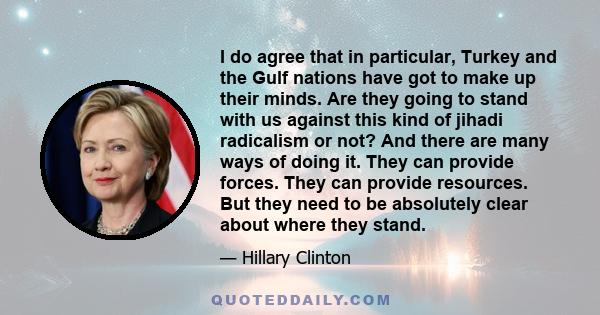 I do agree that in particular, Turkey and the Gulf nations have got to make up their minds. Are they going to stand with us against this kind of jihadi radicalism or not? And there are many ways of doing it. They can