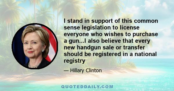 I stand in support of this common sense legislation to license everyone who wishes to purchase a gun...I also believe that every new handgun sale or transfer should be registered in a national registry