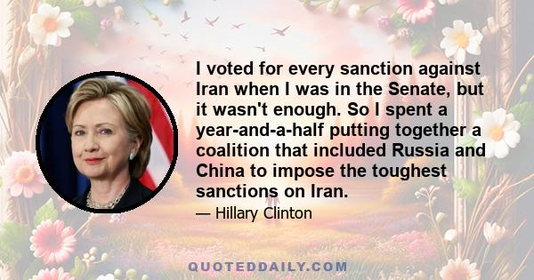 I voted for every sanction against Iran when I was in the Senate, but it wasn't enough. So I spent a year-and-a-half putting together a coalition that included Russia and China to impose the toughest sanctions on Iran.